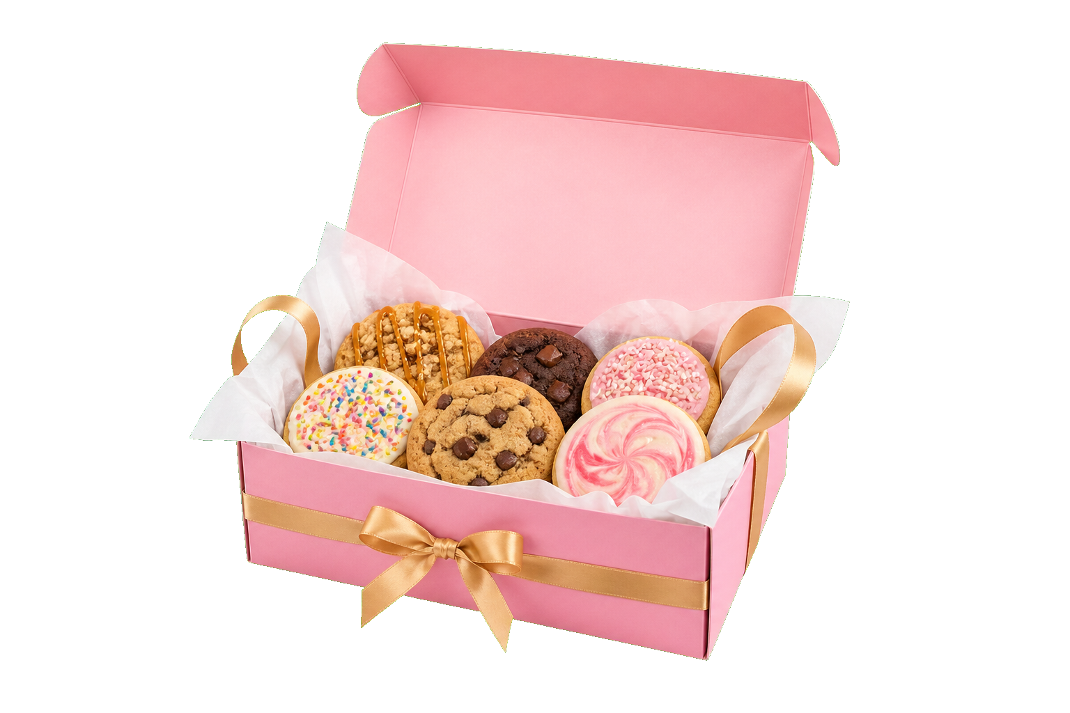 Pink bakery gift box filled with custom cookies